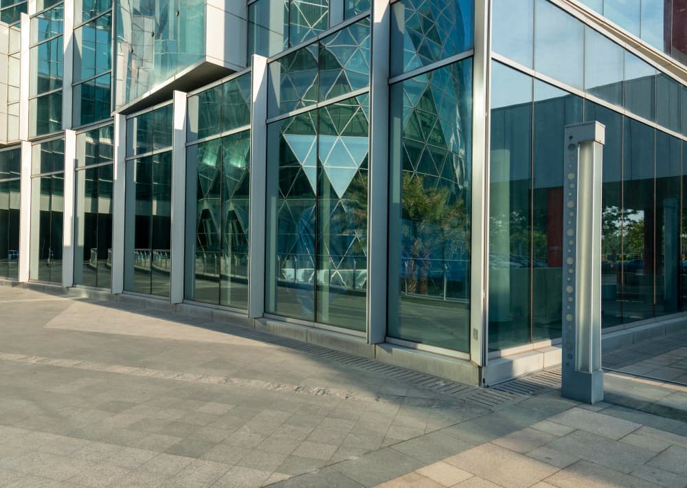 Glass curtain wall facade of a commercial building